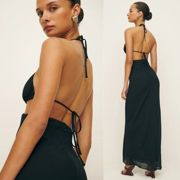 Reformation Romona Black Maxi Dress Size 4 NWT Cut Out Halter Smocked‎ Open Back - Picture 2 of 12